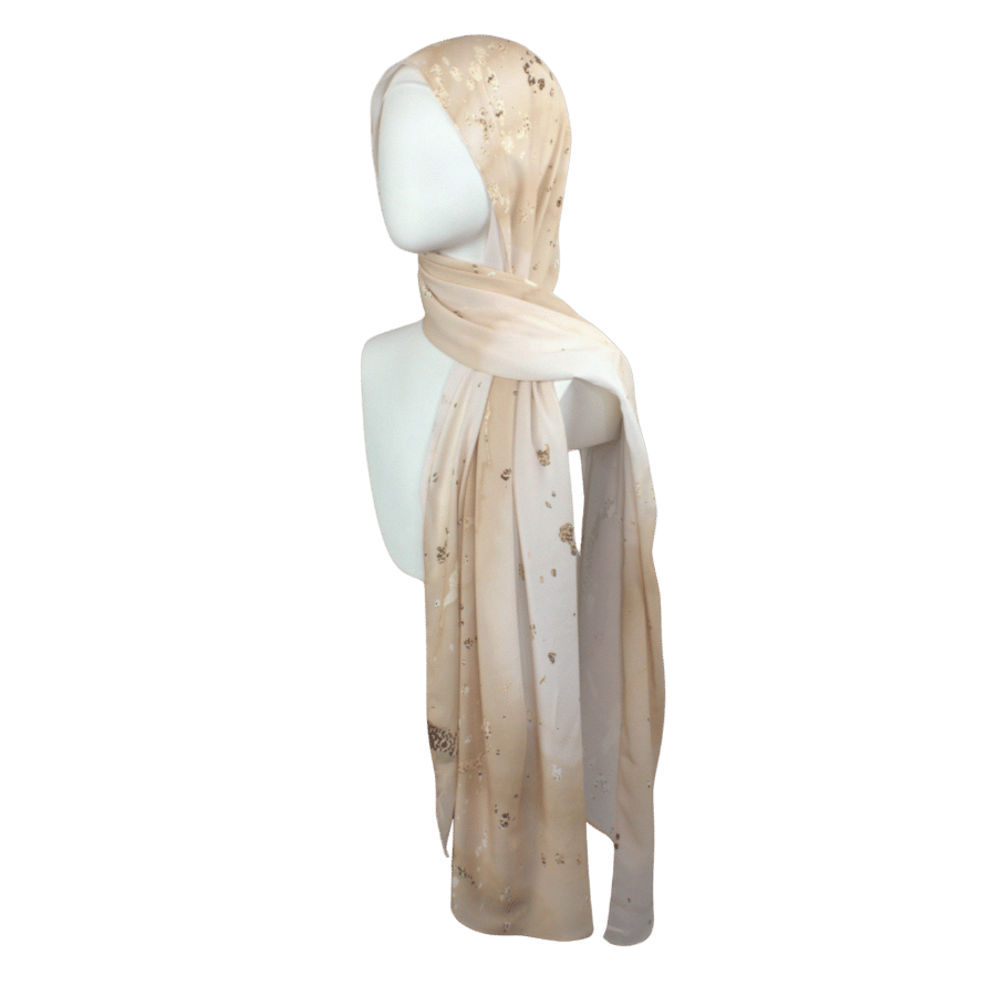 Side view of our designer printed hijab scarf, durable and premium fabric ideal for everyday wear and suitable for most skintones | Lina Zibdeh