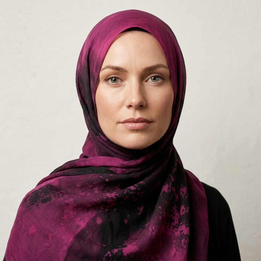 A woman wearing a draped hijab scarf in deep magenta and black with a mottled, watercolor-like pattern, set against a plain light gray background.