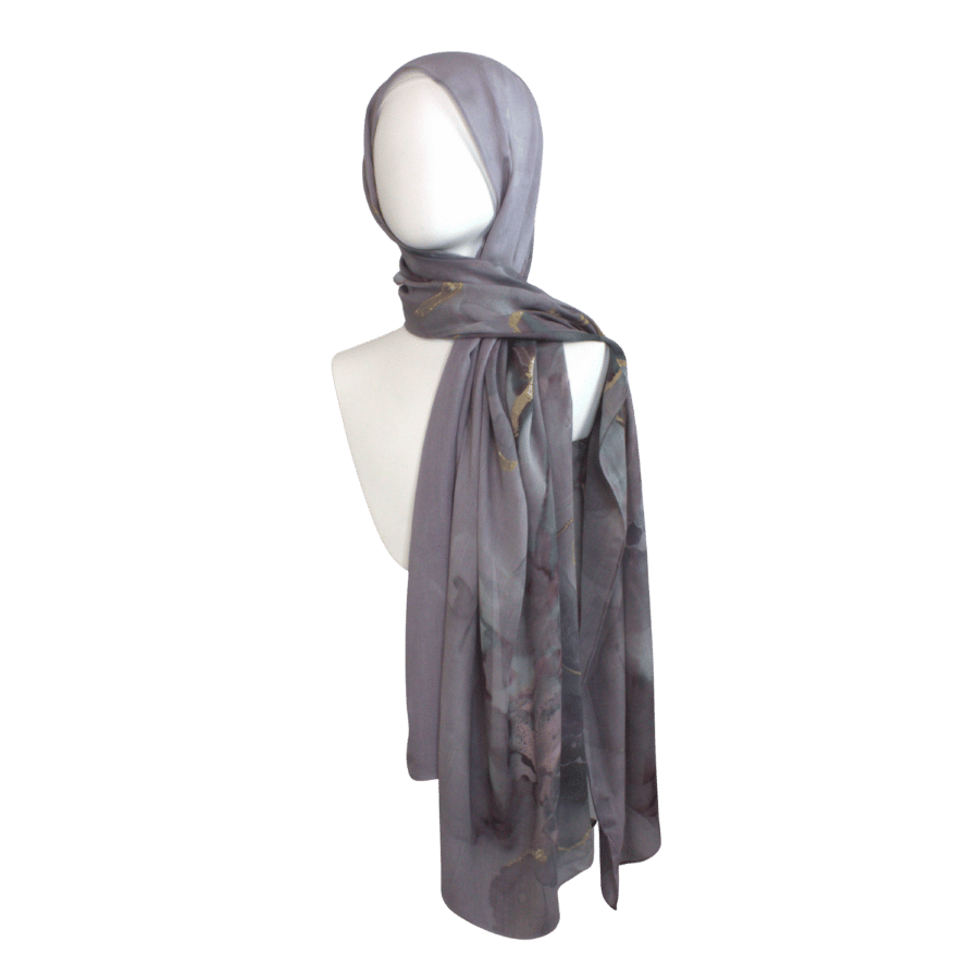 Gold and Purple mauve watercolor printed bamboo modal hijab, soft, non-slip, heat-friendly, perfect for women over 30 and 40, work, or gifting | Lina Zibdeh