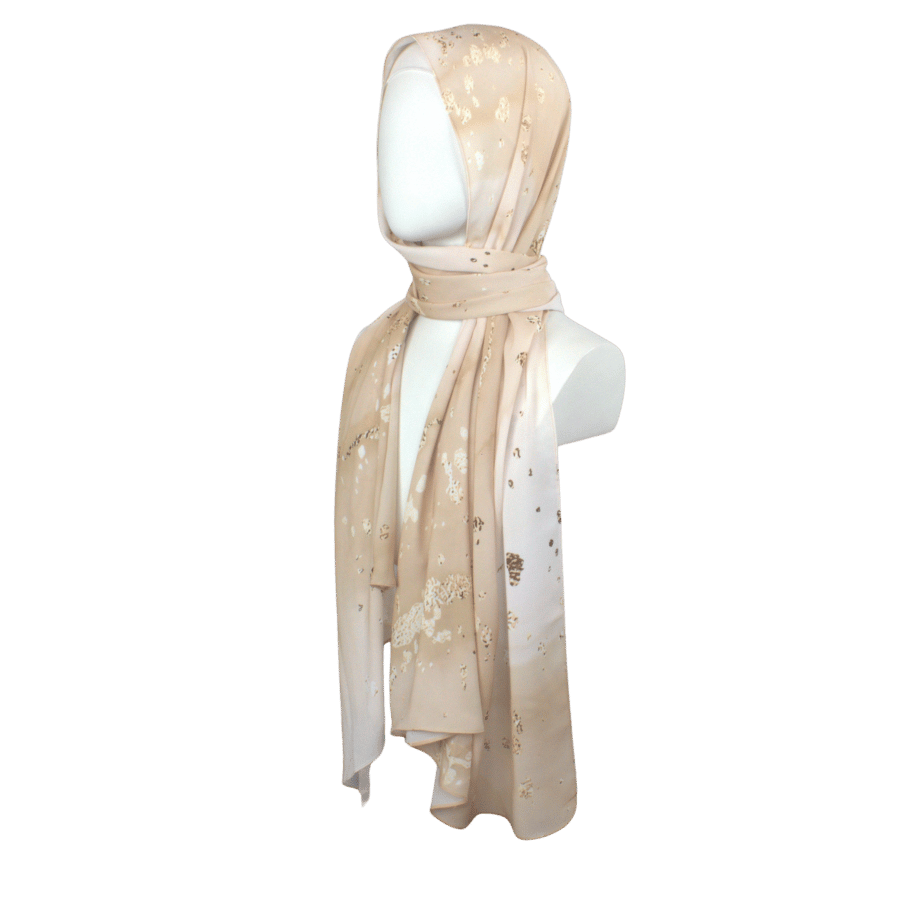 Designer neutral printed hijab for fancy occasions and work, ideal for all skin tones. Neutral beige, mocha and brown hijab scarf | Lina Zibdeh