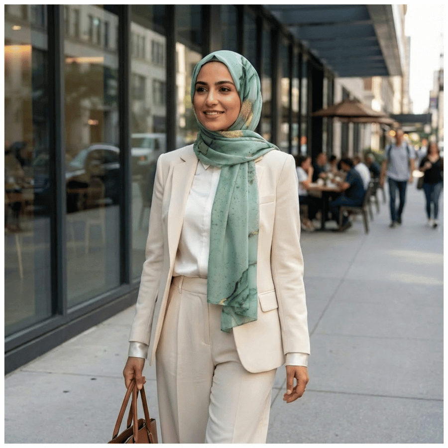 Woman in a beige suit and green hijab designed by Lina Zibdeh The Joy of Hijab standing on a city street.