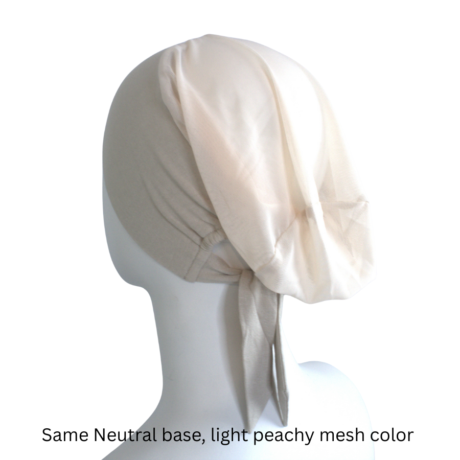 Back view of our everyday comfortable adjustable tie back mesh bonnet, ideal for all types of hair and weather | Lina Zibdeh