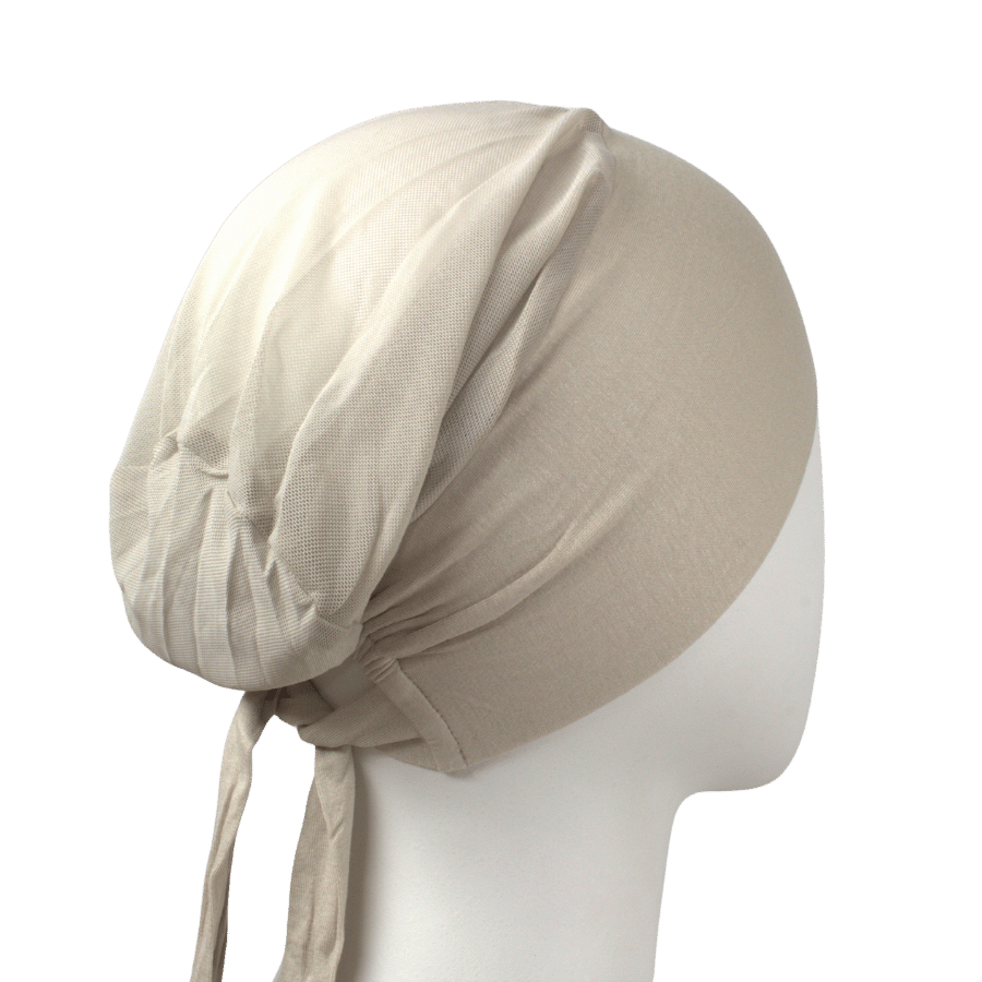 lightweight comfortable and adjustable mesh tie back hijab cap in neutral everyday color | Lina Zibeh