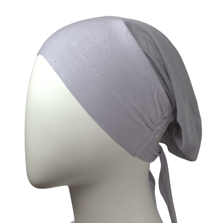 Side view of Non-slip mesh tie-back hijab cap, heat-friendly and designed for women 20+ balancing work and comfort | Lina Zibdeh