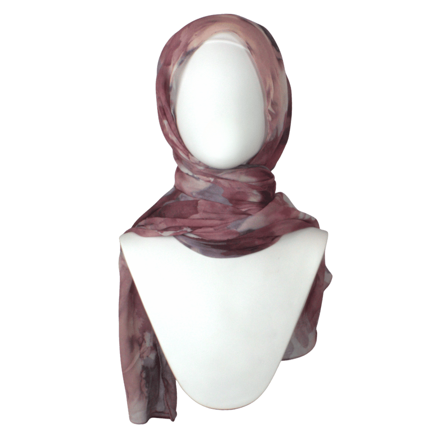 Red hues printed bamboo modal hijab in maroon and mauve hues, watercolor patterned red hijab for everyday, work and chic outings. non-slip, lightweight and breathable designer hijab | Lina Zibdeh