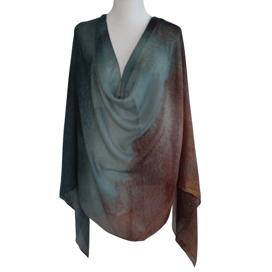 A front view of our designer printed ombre bamboo modal hijab scarf. A gradient of teal and chocolate brown hijab for women who want quality hijabs | Lina Zibdeh