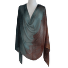 A front view of our designer printed ombre bamboo modal hijab scarf. A gradient of teal and chocolate brown hijab for women who want quality hijabs | Lina Zibdeh