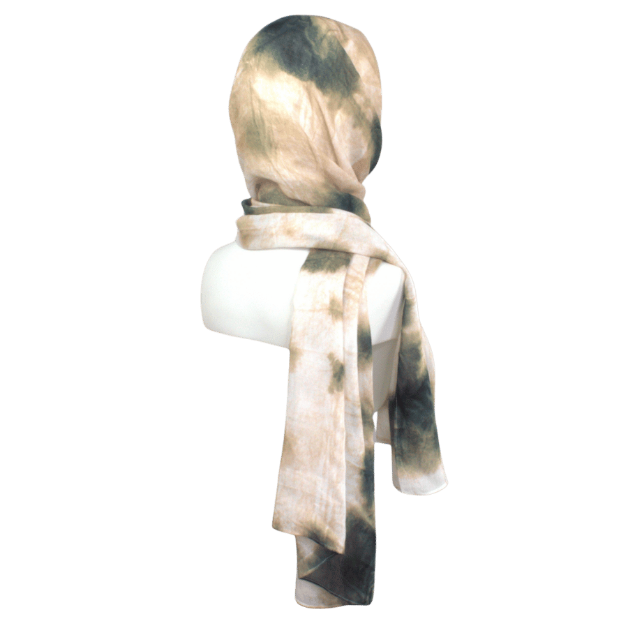 Printed bamboo modal hijab scarf in olive green and beige. A perfect hijab for the summer and hot weather. Non- slip hijab for muslim women and girls | Lina Zibdeh