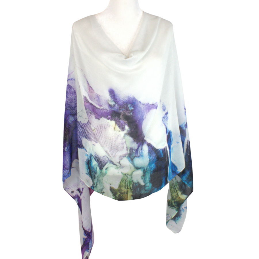 Double bordered bamboo modal hijab scarf in white and watercolor purple black strokes. Ideal for headscarf in the summer and hot weather | Lina Zibdeh