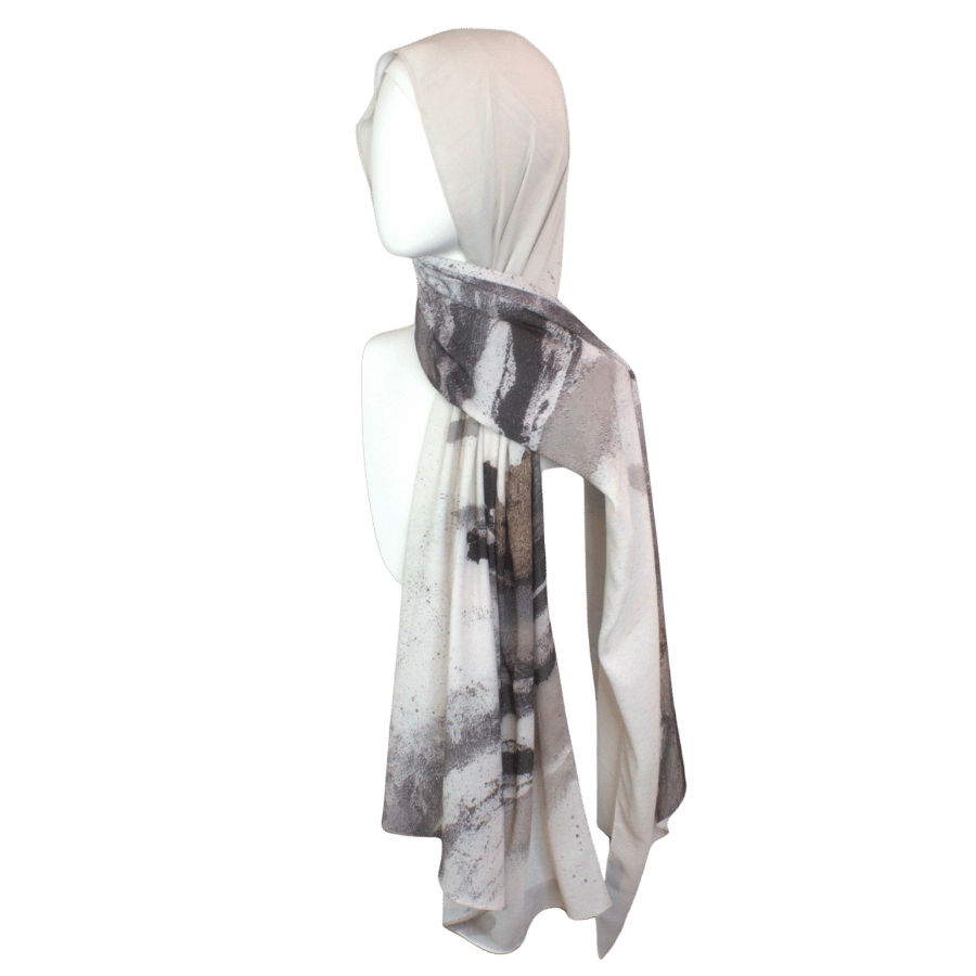 A printed hijab scarf wih everyday neutrals, ideal for work and all occasions | Lina Zibdeh