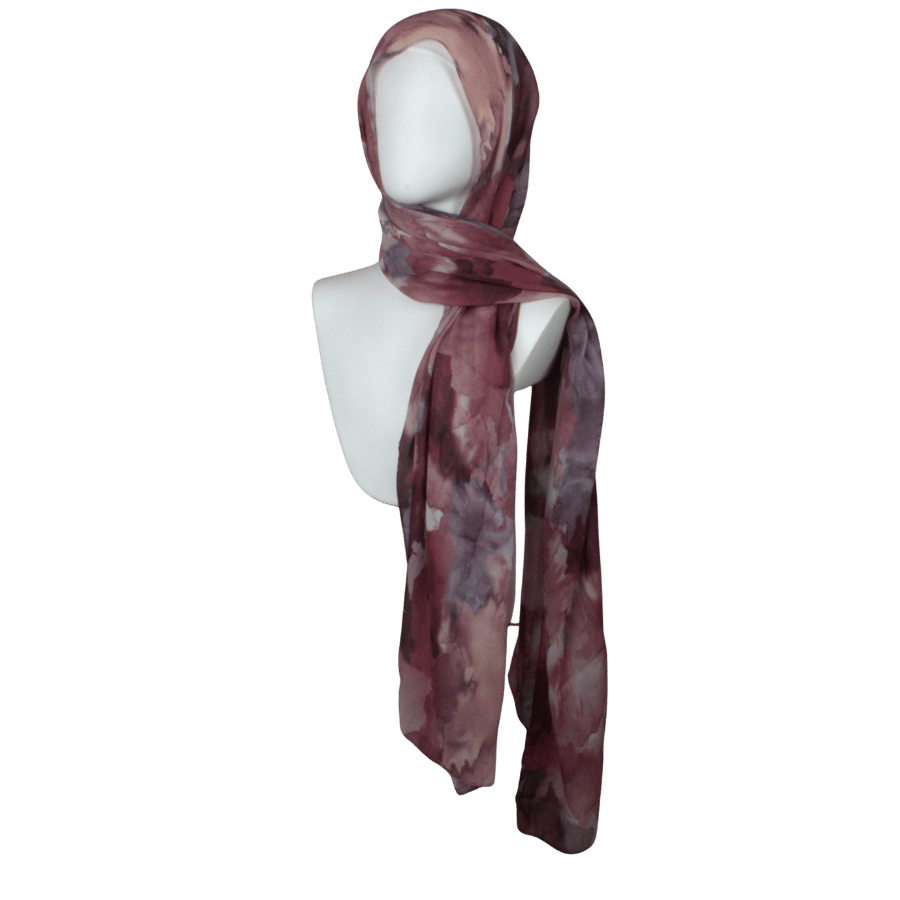 Maroon red and mauve watercolor printed bamboo modal hijab scarf for muslim women who want lightweight, non-slip and elegant hijabs. Ideal for warm weather and hot flashes | Lina Zibdeh