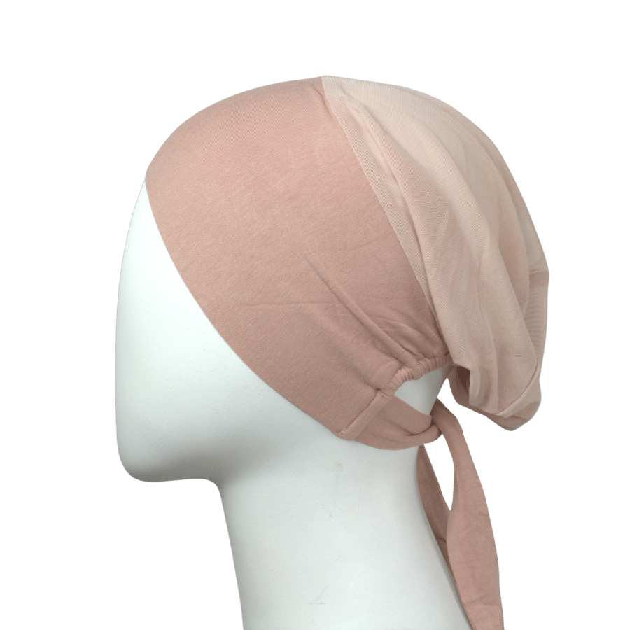 side of Cooling mesh hijab cap under scarf with tie-back, soft, airy design perfect for summer and all-day comfort | Lina Zibdeh