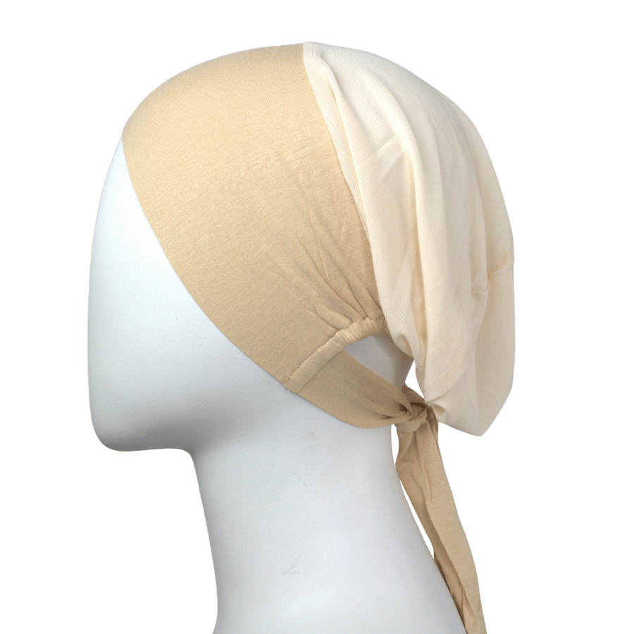 Beige Mesh tie-back under scarf for hijab, non-slip fit, designed for women with long hair, small head, ideal for work and daily wear | Lina Zibdeh