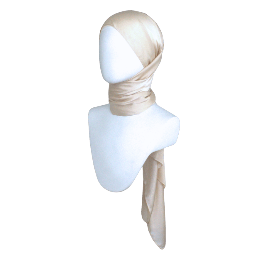A fancy champagne pearl hijab scarf for your formal occasions and parties. This satin crinkle hijab has a better grip,  soft touch and nice drape | Lina Zibdeh