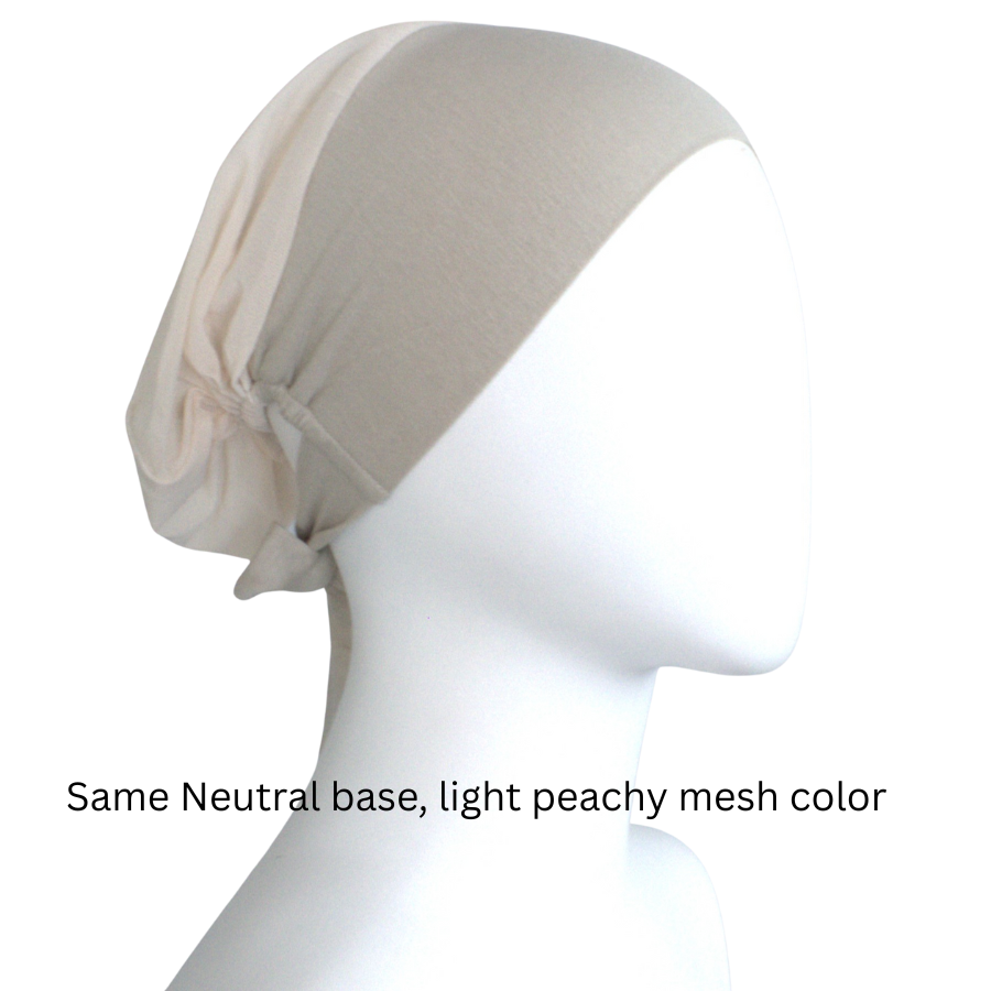 side view of our lightweight comfortable and adjustable mesh tie back hijab cap in neutral everyday color | Lina Zibdeh