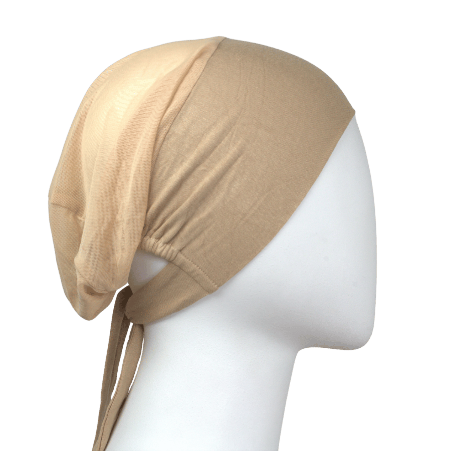Lightweight mesh tie-back hijab cap in tan beige color, breathable under scarf ideal for hot weather and women with long hair | Lina Zibdeh