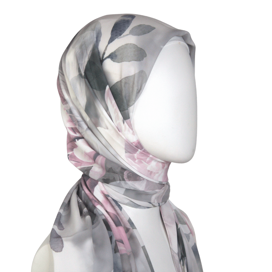 Opaque crepe chiffon hijab in grey and pink, perfect for professional wear