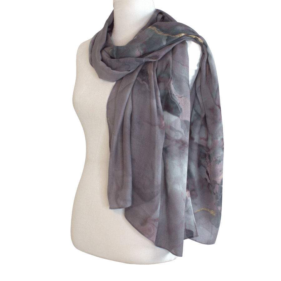 Purple violet gold and grey watercolor printed bamboo modal hijab, soft, non-slip, heat-friendly, perfect for women over 30 and 40, work, or gifting. | Lina Zibdeh