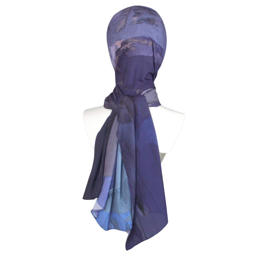 Watercolor hijab scarf in purple and mauve hues, designed as a luxury hijab suitable for work and outings  | Lina Zibdeh