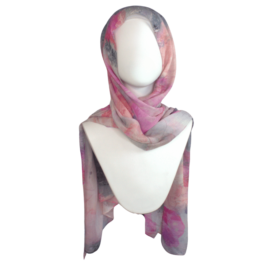 Premium watercolor airbrushed floral bamboo modal hijab scarf in pink, blush and blue grey. Ideal for everyday and warm climates | Lina Zibdeh