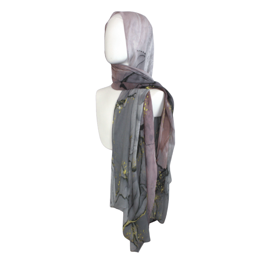 lightweight non-slip printed modal hijab in green, grey, blush and golden hues. Ideal for women over 30, for work, for menopause hot flashes. Lina Zibdeh