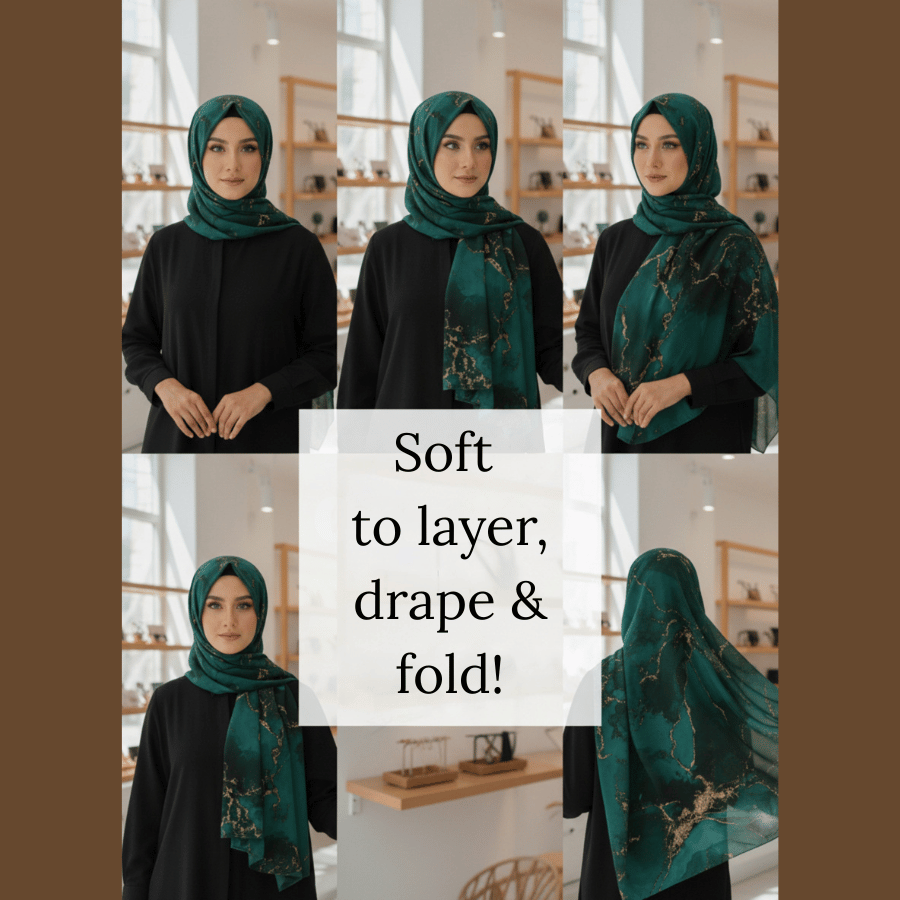  Model wearing Emerald Majesty chiffon hijab styled for modest fashion and everyday elegance
