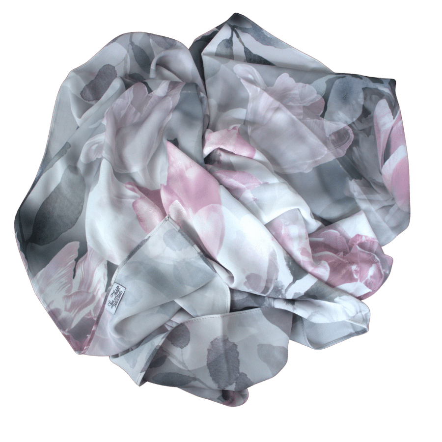 Versatile floral hijab in grey and pink for work, formal events, and everyday wear | Lina Zibdeh