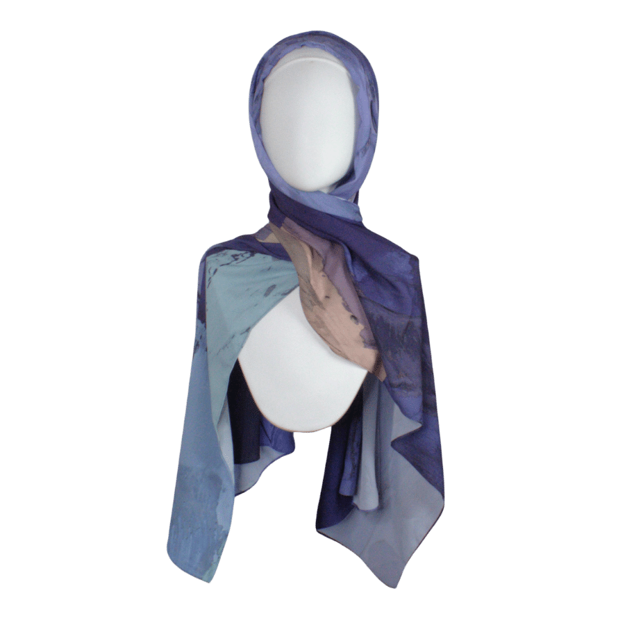 Watercolor hijab scarf in purple and mauve hues, designed as a luxury hijab suitable for work and outings  | Lina Zibdeh