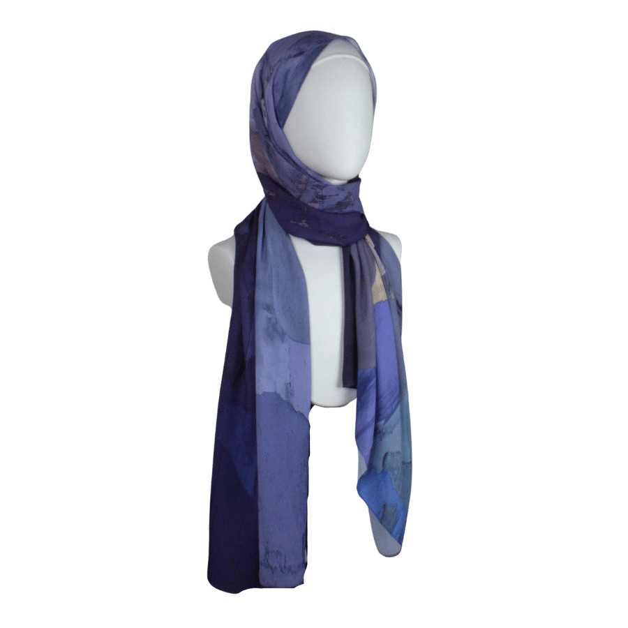 Watercolor hijab scarf in purple and mauve hues, designed as a luxury hijab suitable for work and outings  | Lina Zibdeh